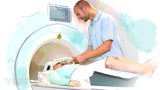 An illustration showing a technical assistant helping with the MRI scan.